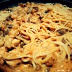 warm delicious chicken pasta in a pan