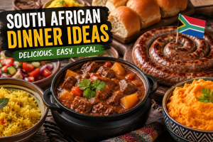 South African dinner ideas featuring bobotie stew, boerewors, yellow rice, chakalaka, and sweet potato mash